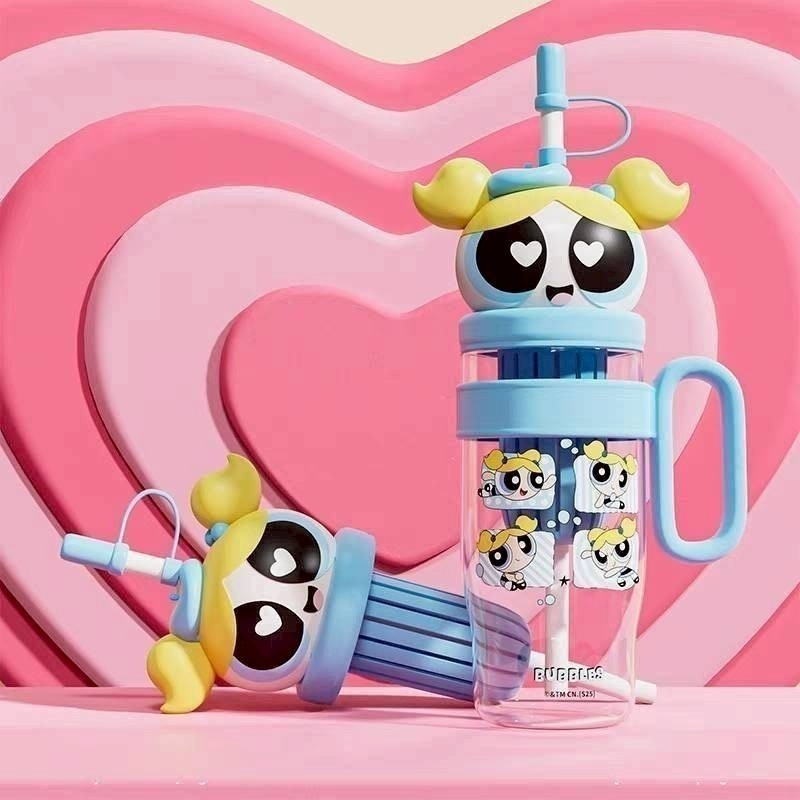 【7-ELEVEN 門市團購】正版 飛天小女警 泡泡 毛毛 花花 公仔頭手提杯 1060ml 吸管杯 水壺 把手杯-細節圖5