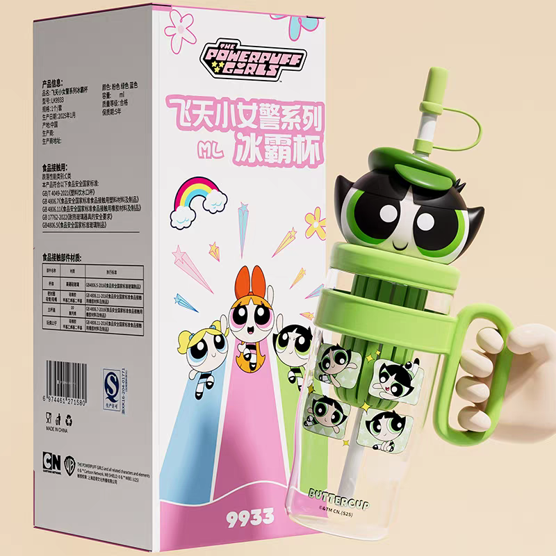 【限時購】正版 飛天小女警 泡泡 毛毛 花花 公仔頭手提杯 1060ml 吸管杯 水壺 把手杯-細節圖2