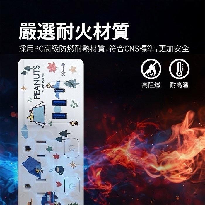 SNOOPY 史努比 PD 37W平貼式延長線 按壓式4開3插+USB延長線 1.8M/6尺 1650W 延長線 插座-細節圖4