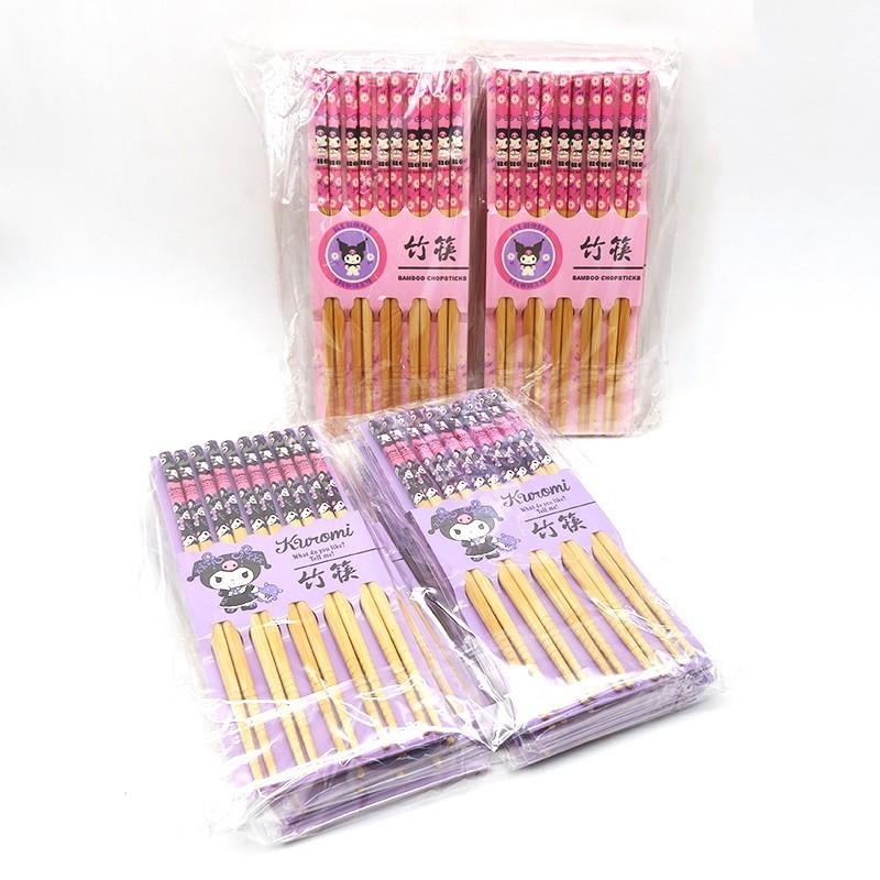 三麗鷗 Hello Kitty 酷洛米 人魚漢頓 醜魚 五入竹筷組 筷子 餐具 竹筷-細節圖4