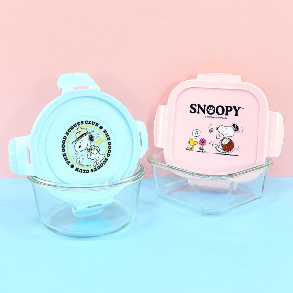 史努比 密扣式玻璃禮盒2入組 (圓形+方形) 保鮮盒 便當盒-細節圖2
