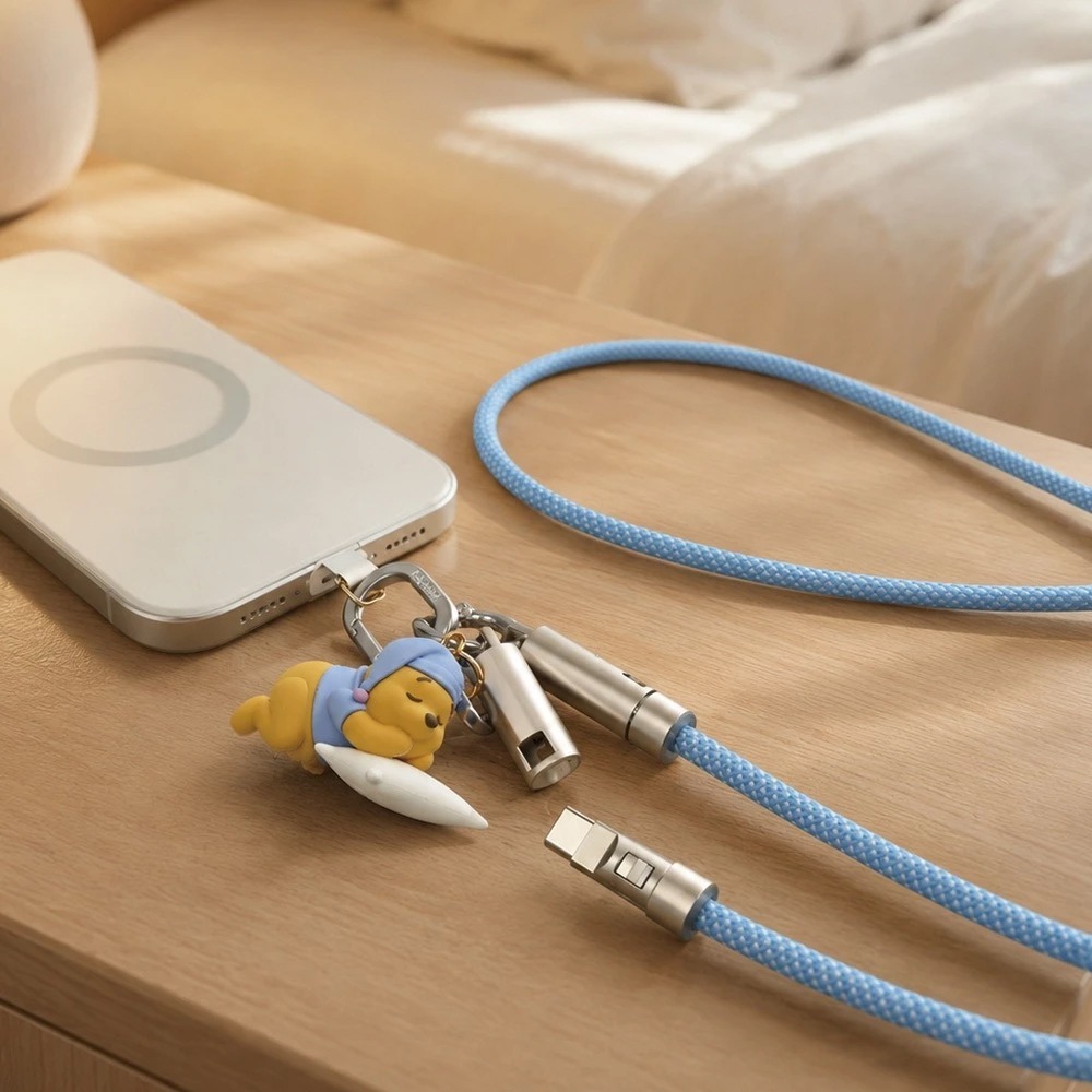 infoThink 訊想科技 迪士尼 小熊維尼 充電線 60W快充 手機編織頸掛繩 手機掛繩 公仔吊繩 睡衣款-細節圖3