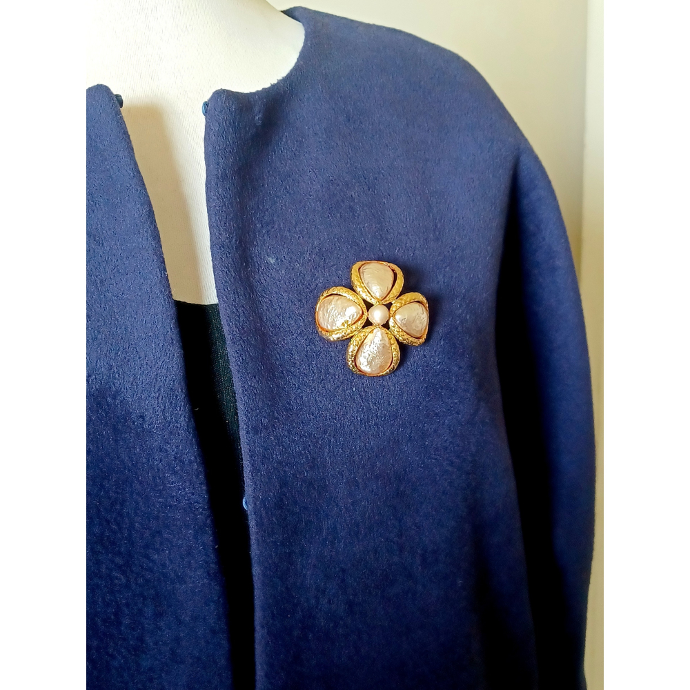 vintage jewelry  古典金色珍珠幸運草 胸針 別針 1180元-細節圖2
