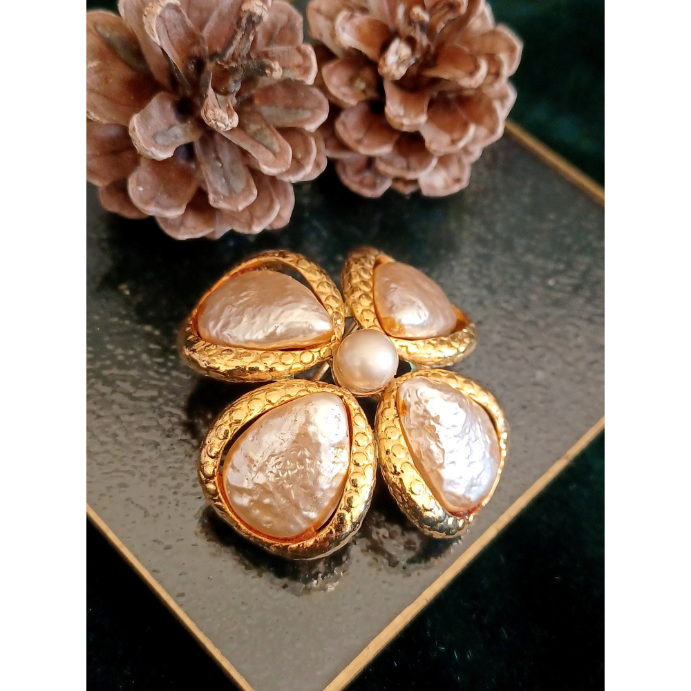 vintage jewelry  古典金色珍珠幸運草 胸針 別針 1180元-細節圖3