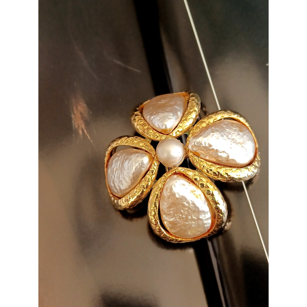 vintage jewelry  古典金色珍珠幸運草 胸針 別針 1180元-細節圖5