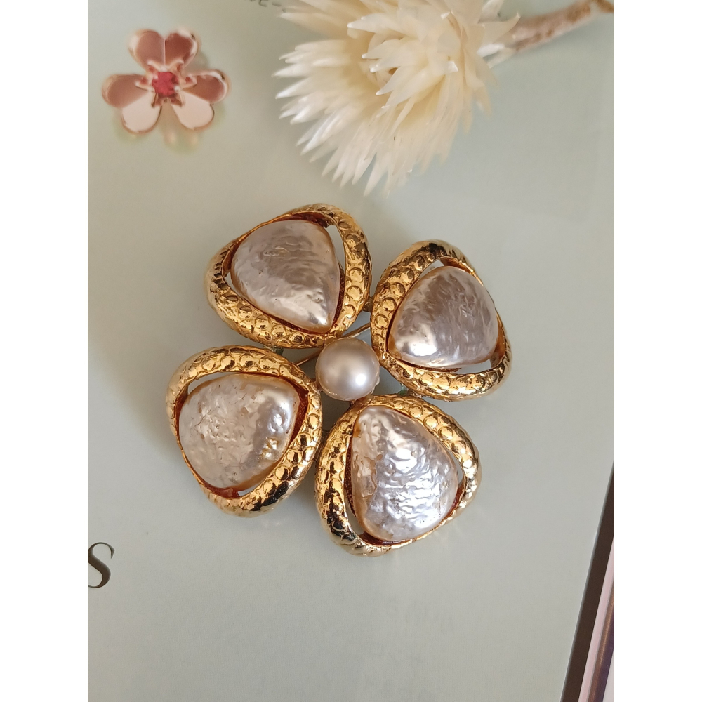 vintage jewelry  古典金色珍珠幸運草 胸針 別針 1180元-細節圖6