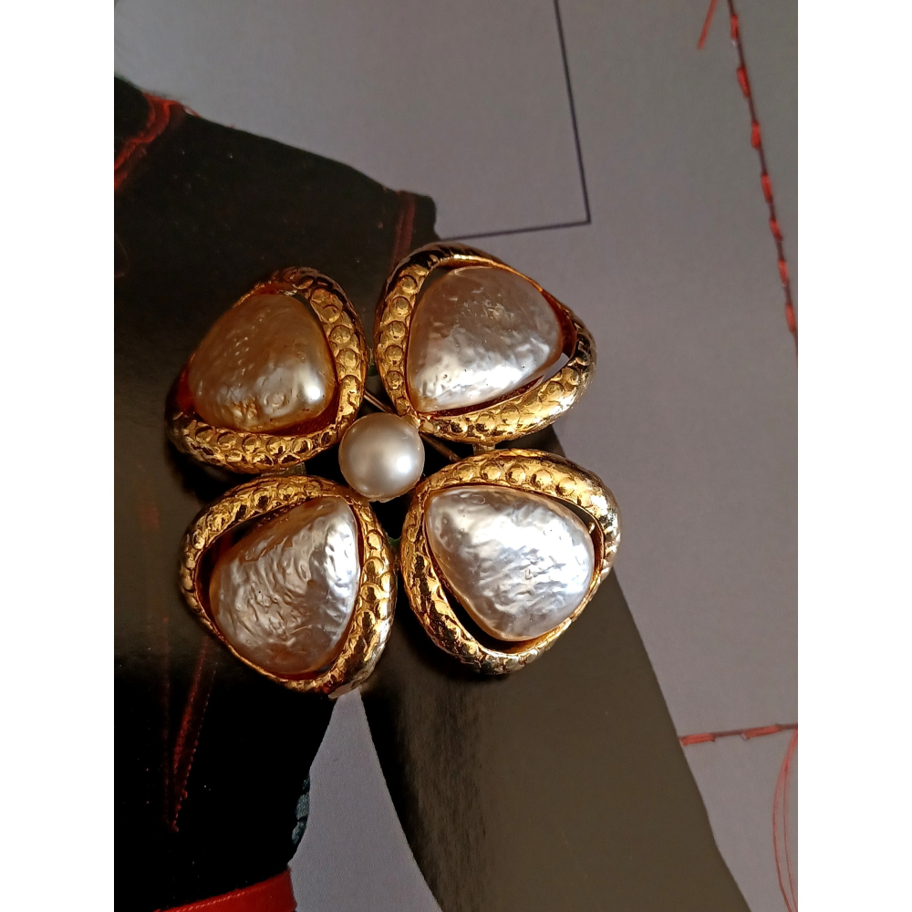 vintage jewelry  古典金色珍珠幸運草 胸針 別針 1180元-細節圖7