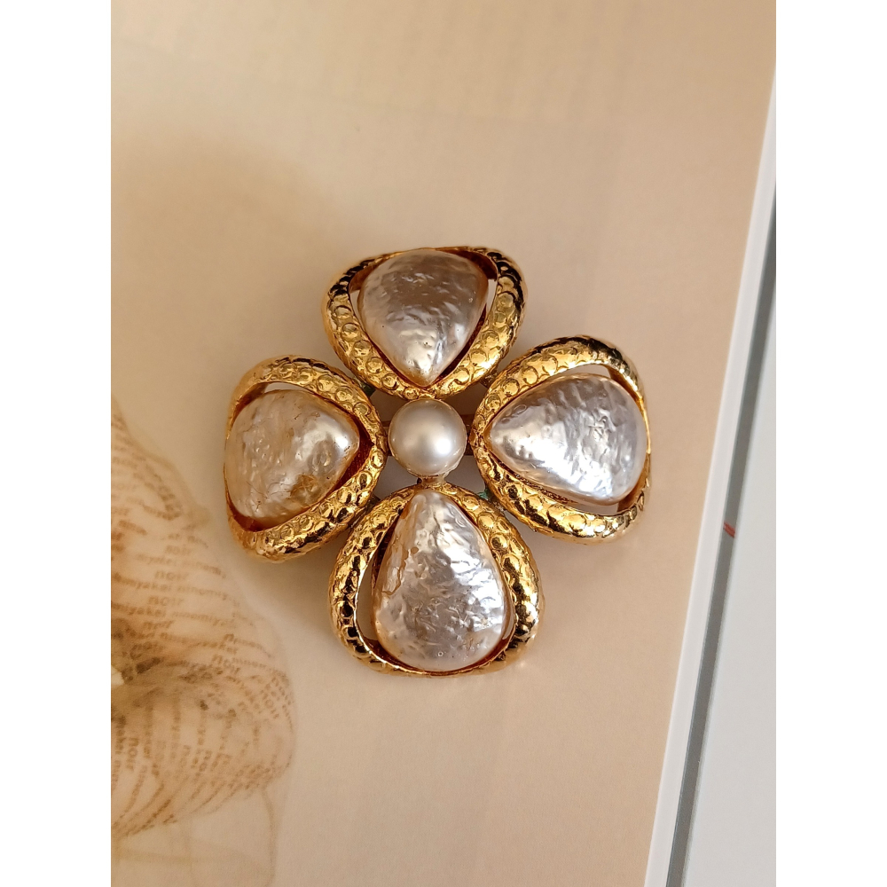 vintage jewelry  古典金色珍珠幸運草 胸針 別針 1180元-細節圖8