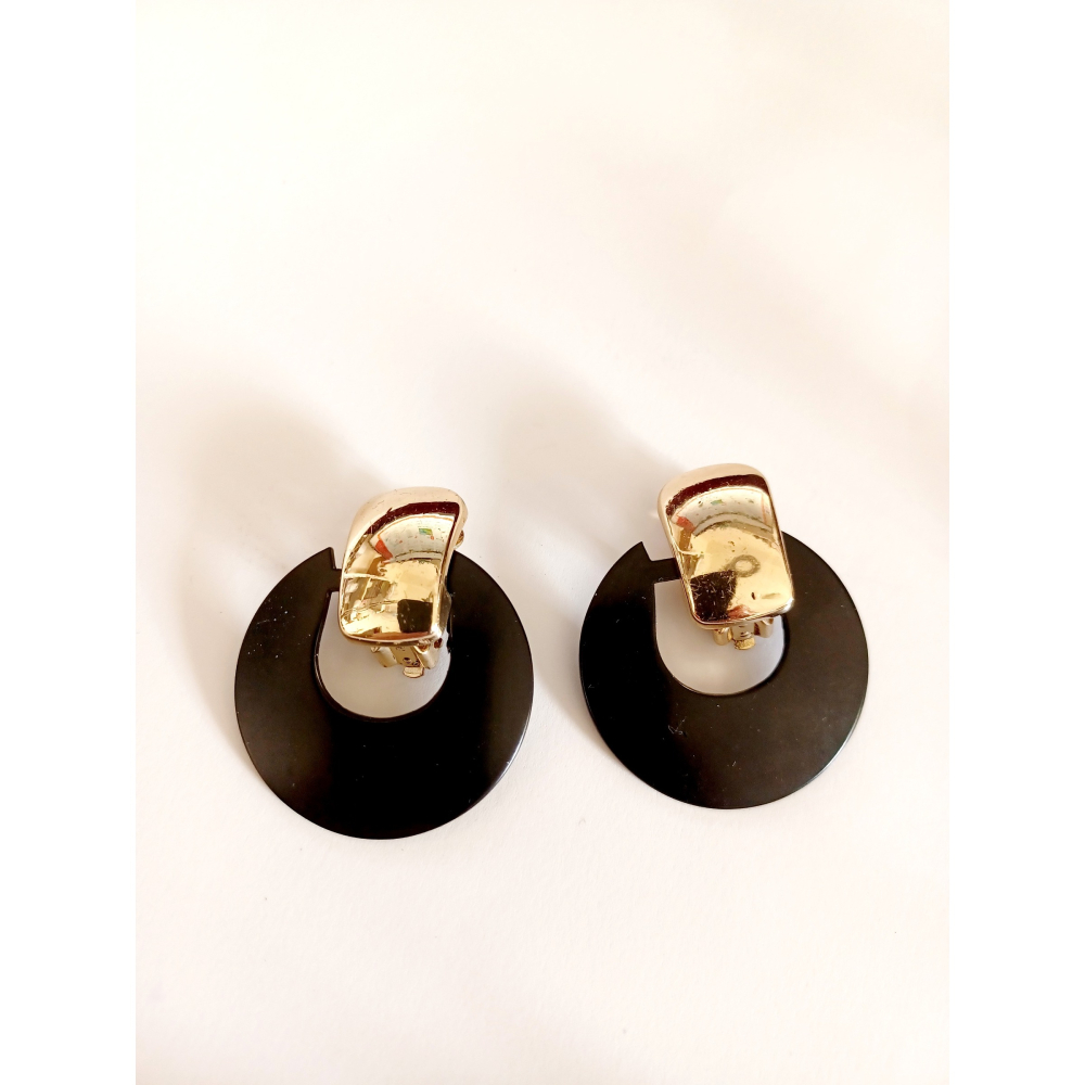 vintage jewelry  時尚搖曳黑色環狀塑料 夾式耳環  580元-細節圖4