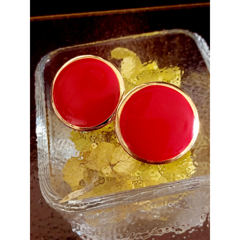 vintage jewelry  時尚圓形金邊紅琺瑯 夾式耳環  680元-細節圖4