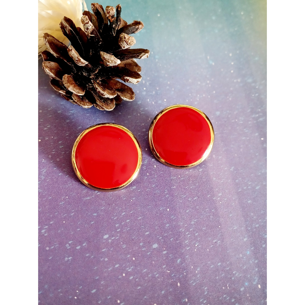 vintage jewelry  時尚圓形金邊紅琺瑯 夾式耳環  680元-細節圖6