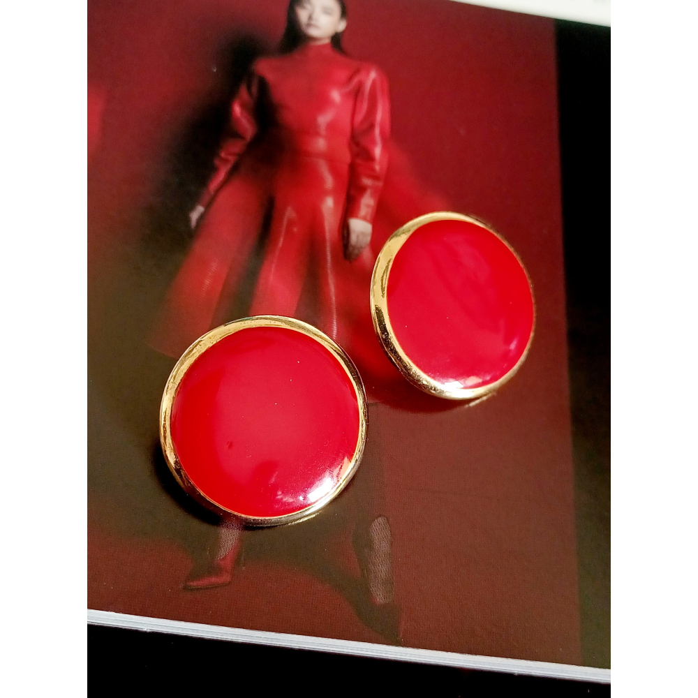 vintage jewelry  時尚圓形金邊紅琺瑯 夾式耳環  680元-細節圖7