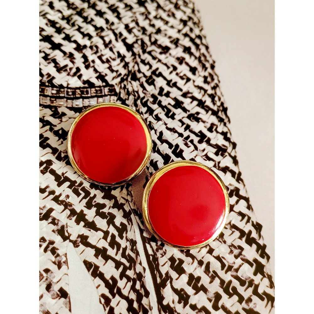 vintage jewelry  時尚圓形金邊紅琺瑯 夾式耳環  680元-細節圖8