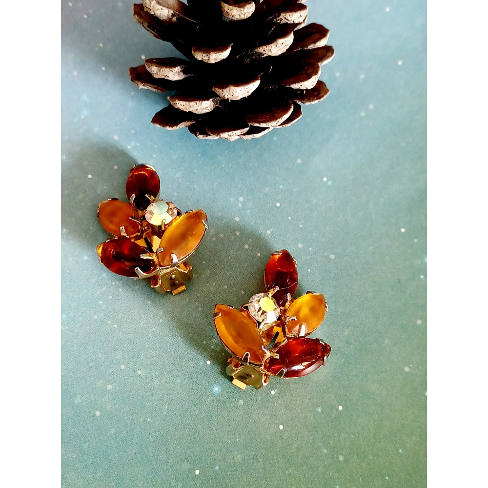 vintage jewelry  古典糖膠棕色萊茵 夾式耳環 780元-細節圖3