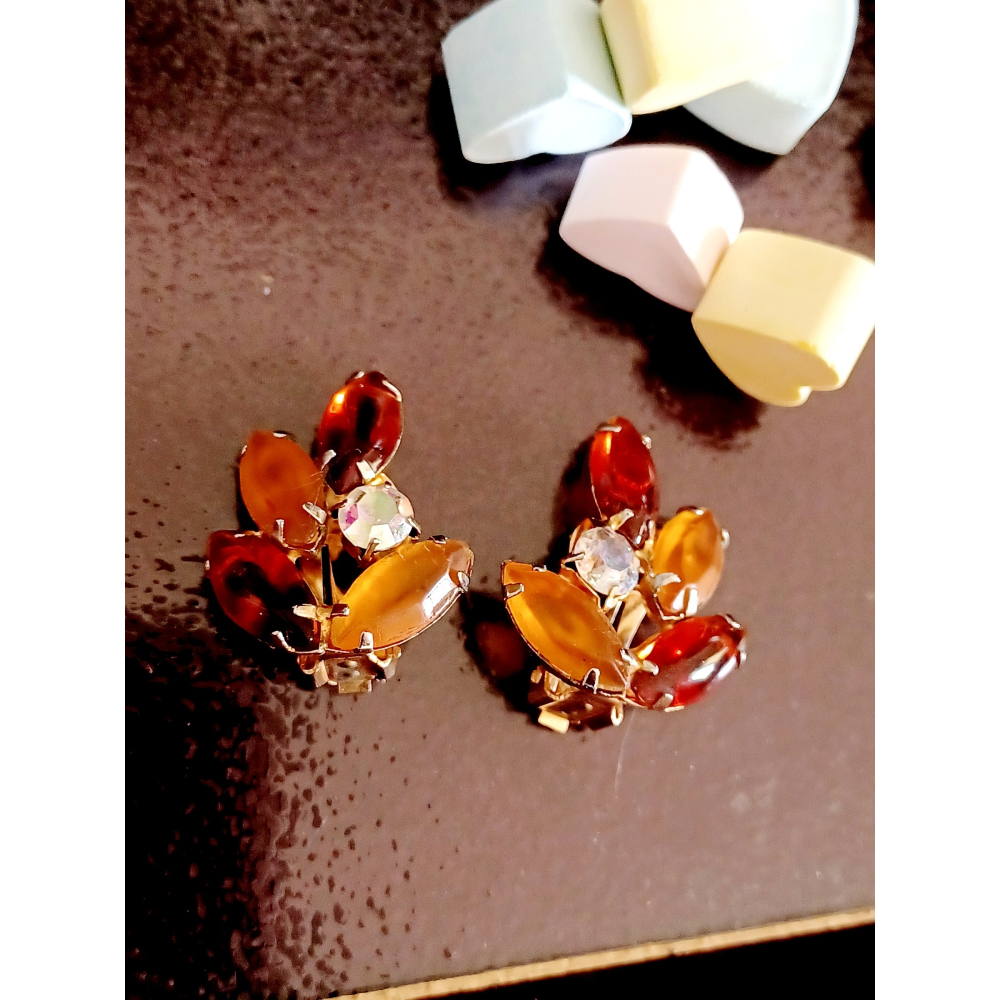 vintage jewelry  古典糖膠棕色萊茵 夾式耳環 780元-細節圖5