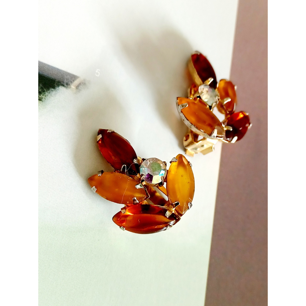 vintage jewelry  古典糖膠棕色萊茵 夾式耳環 780元-細節圖7