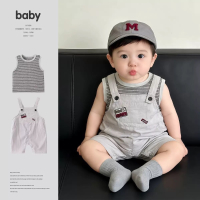 灰系貼標口袋背帶褲+橫紋無袖背心套裝（無拆賣）