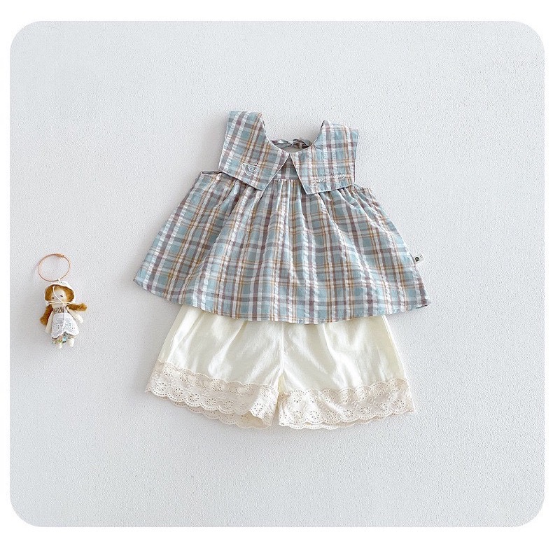 灰藍格紋無袖娃娃衫+花邊蕾絲褲套裝（無拆賣）-細節圖3