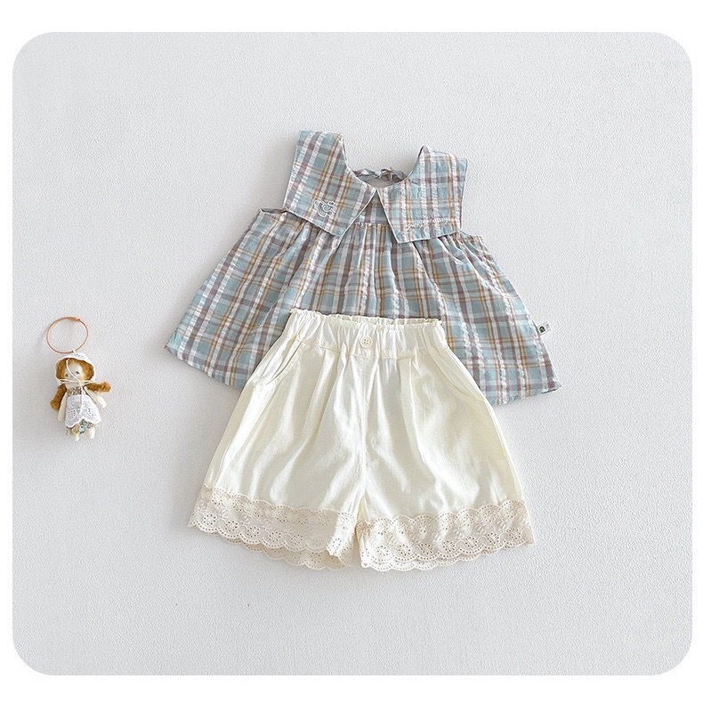 灰藍格紋無袖娃娃衫+花邊蕾絲褲套裝（無拆賣）-細節圖4