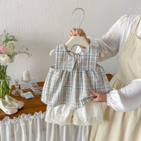 灰藍格紋無袖娃娃衫+花邊蕾絲褲套裝（無拆賣）