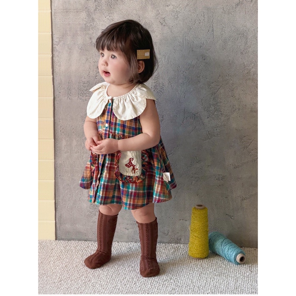 復古拼色格子花瓣領洋裝-細節圖4