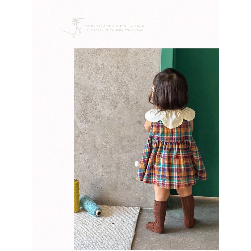 復古拼色格子花瓣領洋裝-細節圖5