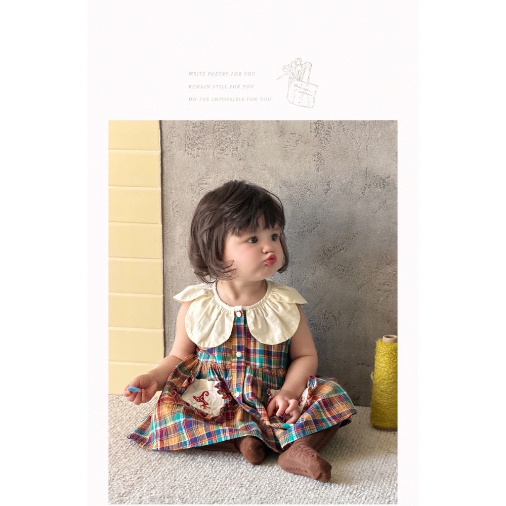 復古拼色格子花瓣領洋裝-細節圖6