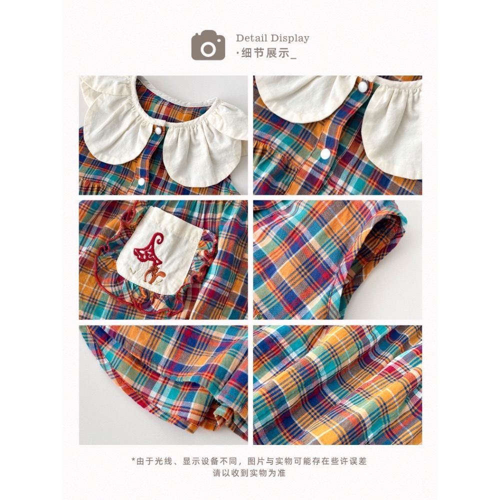 復古拼色格子花瓣領洋裝-細節圖7