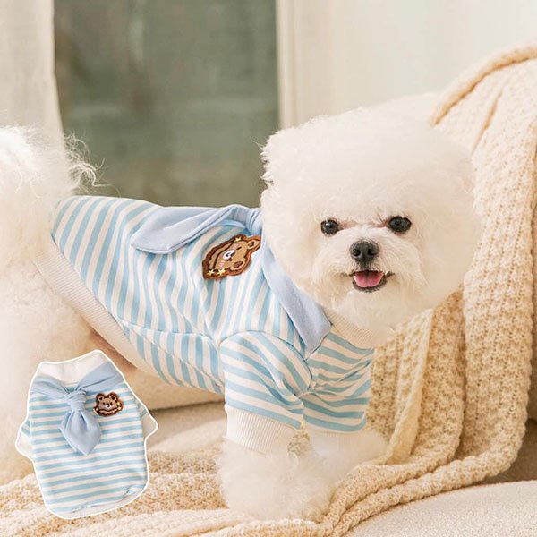 『台灣x現貨秒出』領結藍白條紋小熊貼布寵物衣服 寵物服飾 貓咪衣服 狗狗衣服 貓衣服 狗服飾