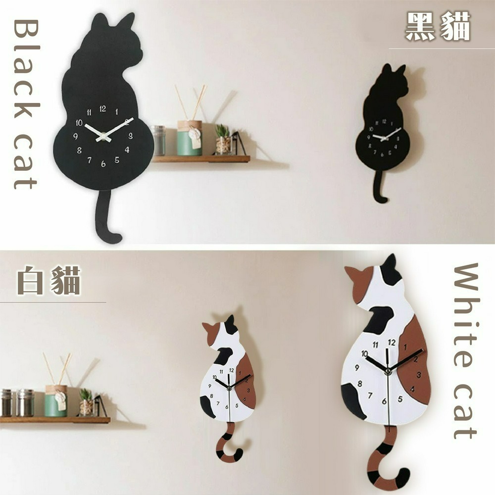 仿生搖尾貓咪掛鐘 搖尾巴貓咪創意掛鐘 搖擺靜音貓尾時鐘-細節圖2