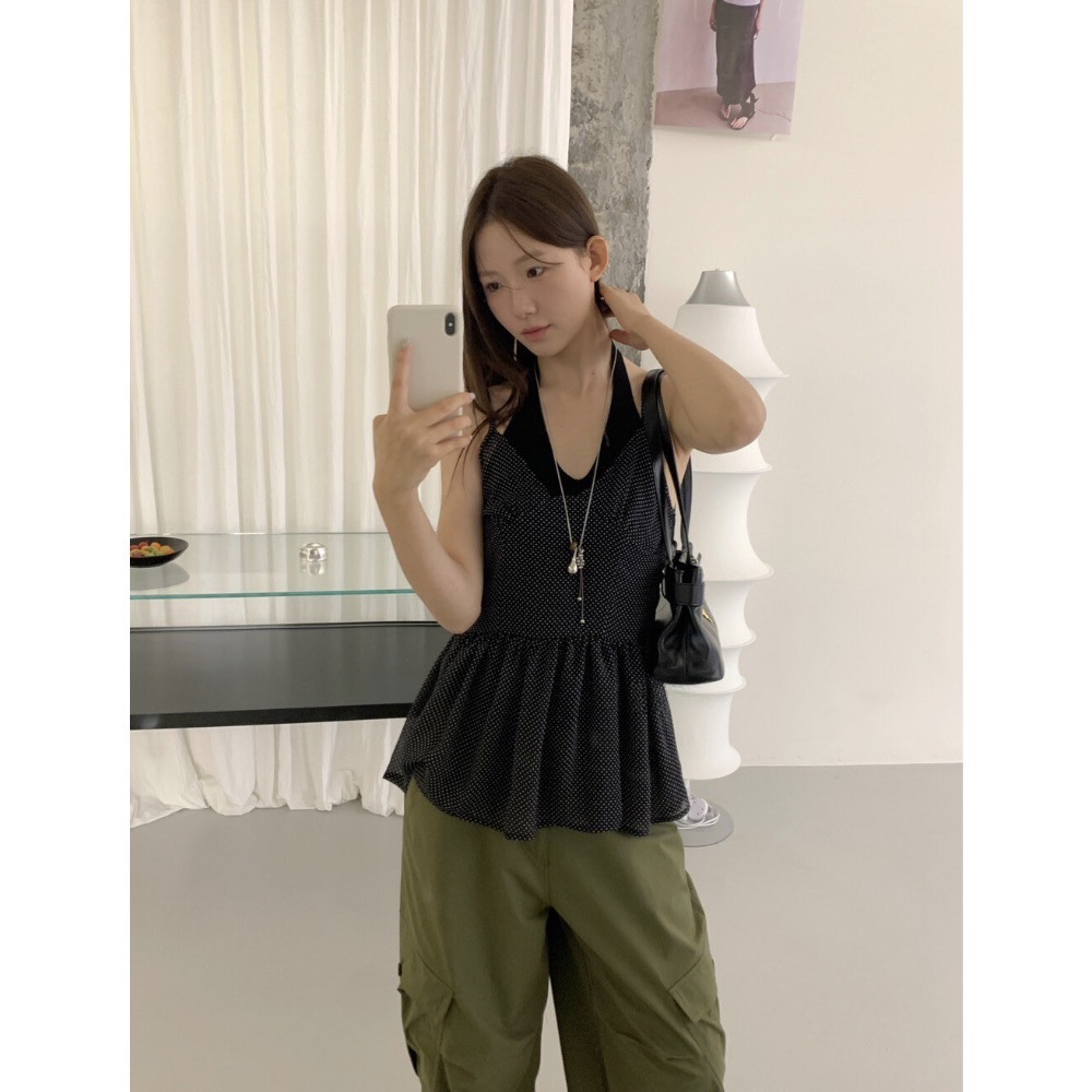 闆娘自留 波點透紗層次感兩件式上衣-細節圖2