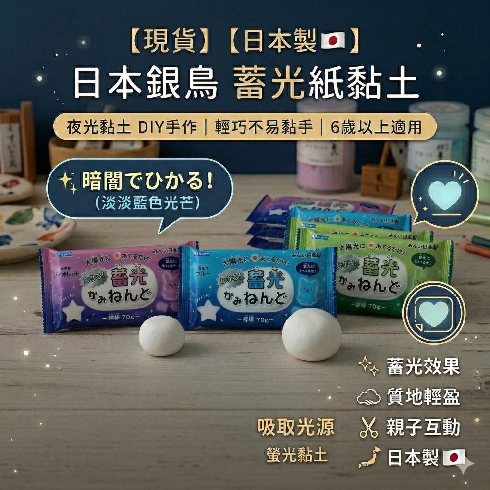 歡迎聊聊 數量可調【現貨 日本製🇯🇵】銀島 蓄光紙黏土｜夜光黏土 DIY手作｜輕巧不易黏手｜6歲以上適用| 瑩光黏土-細節圖2