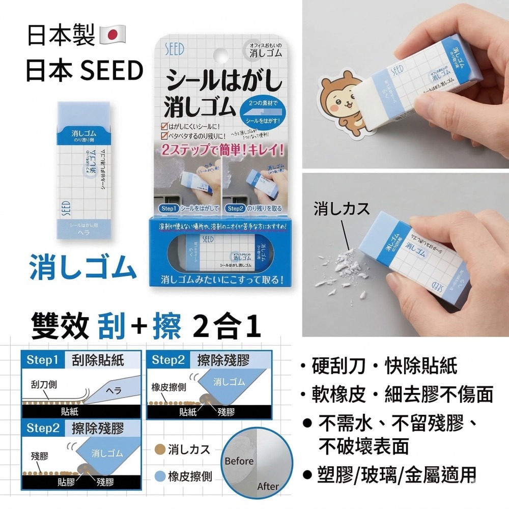 【現貨】【日本製🇯🇵】日本SEED 殘膠去除橡皮擦｜貼紙膠痕清潔橡皮擦| 除膠橡皮擦 |標纖橡皮擦 | 貼紙橡皮擦-細節圖2
