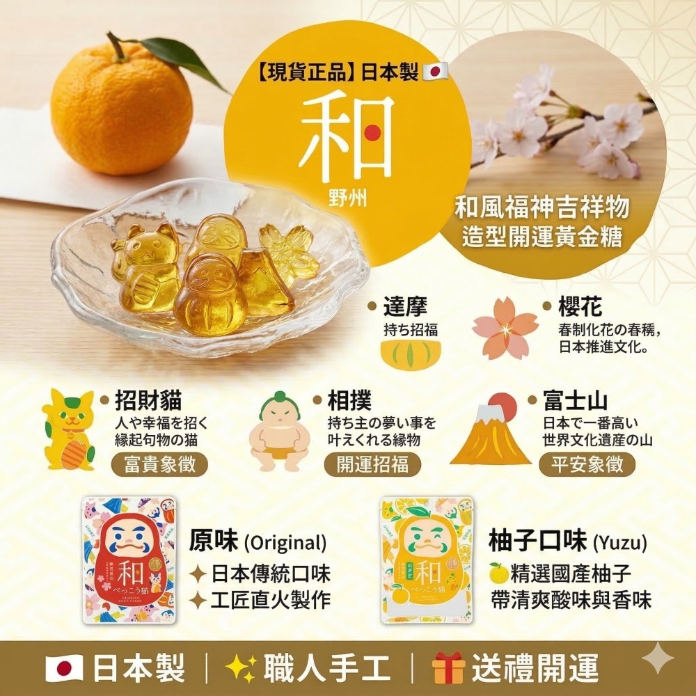 【現貨】日本製🇯🇵 野州 和風福神吉祥物造型開運黃金糖 |達摩|招財貓|櫻花|富士山|不倒翁|日本糖果|日本黃金糖-細節圖2