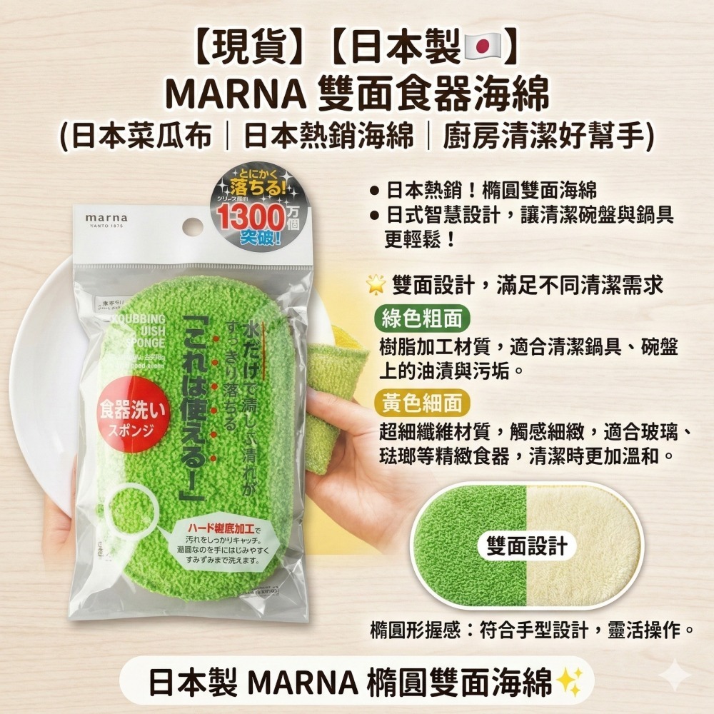【可私詢問】【現貨 日本製🇯🇵】MARNA 雙面食器海綿｜日本菜瓜布｜日本熱銷海綿｜廚房清潔好幫手-細節圖2