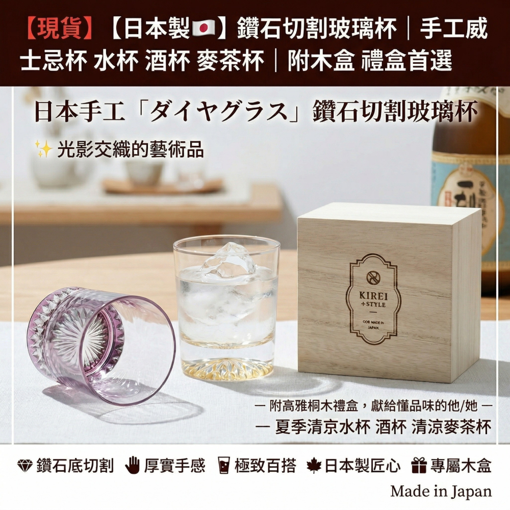 【現貨】【日本製🇯🇵】鑽石切割玻璃杯｜手工威士忌杯 水杯 酒杯 麥茶杯｜附木盒 禮盒首選-細節圖2