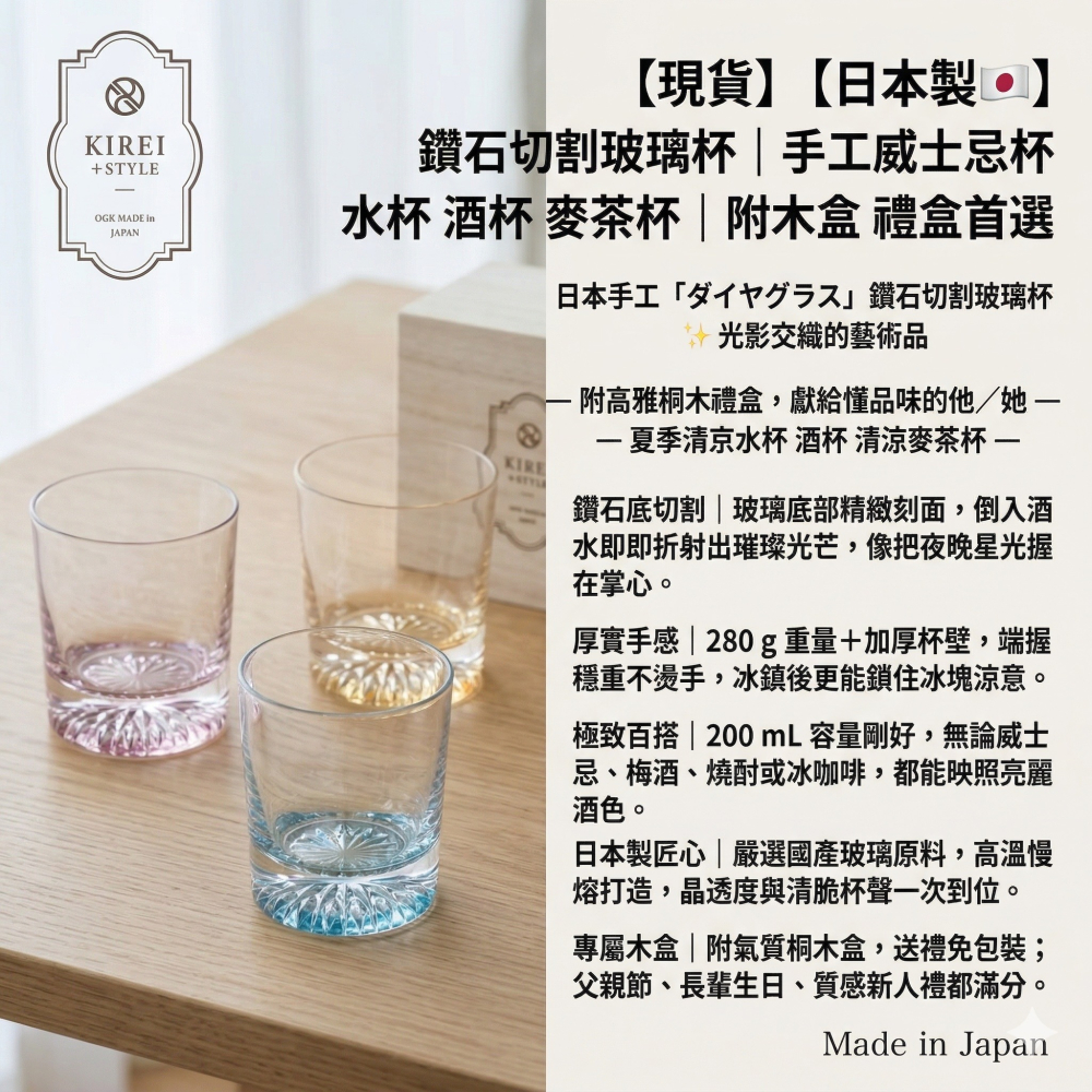 【現貨】【日本製🇯🇵】鑽石切割玻璃杯｜手工威士忌杯 水杯 酒杯 麥茶杯｜附木盒 禮盒首選-細節圖3