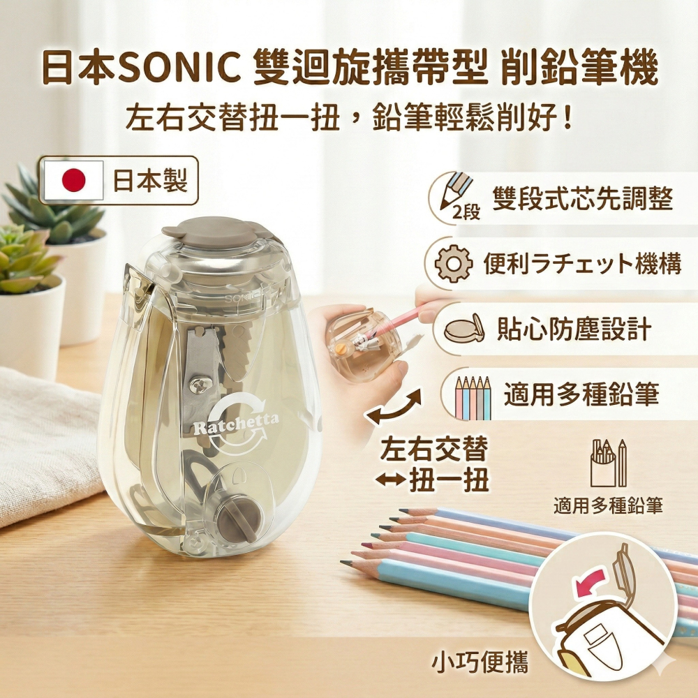 【現貨】日本SONIC 雙迴旋攜帶型 削鉛筆機 可調整筆芯 削鉛筆機 削筆器  粗細調整 攜帶型削鉛筆-細節圖2