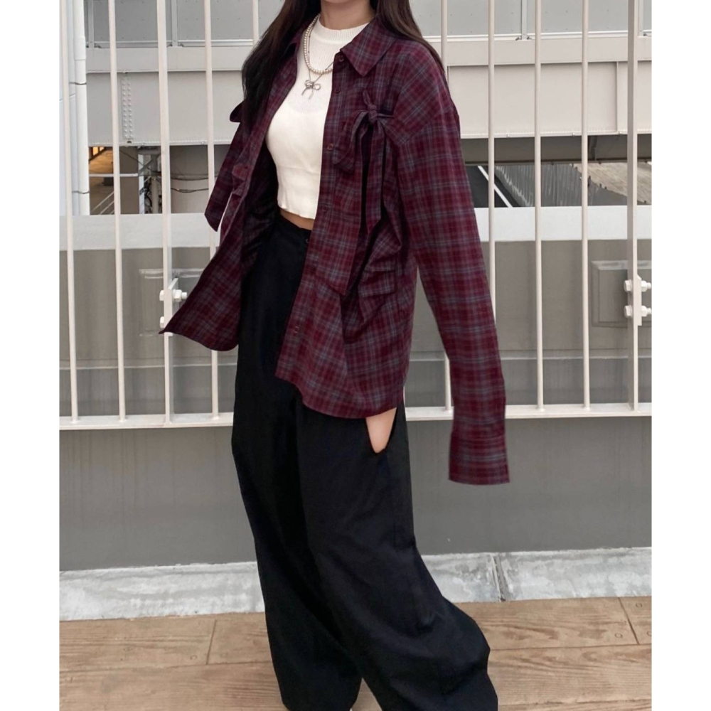 日-雙蝴蝶結格紋襯衫-2色-細節圖2