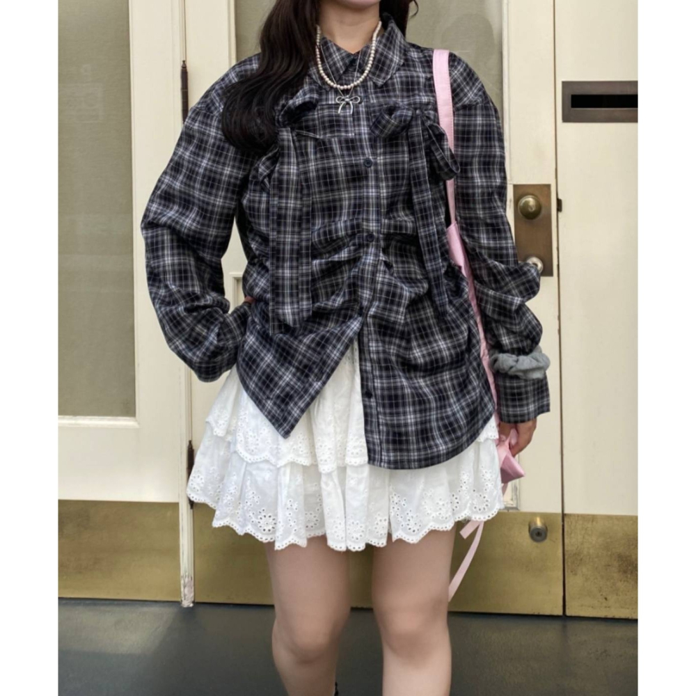 日-雙蝴蝶結格紋襯衫-2色-細節圖3