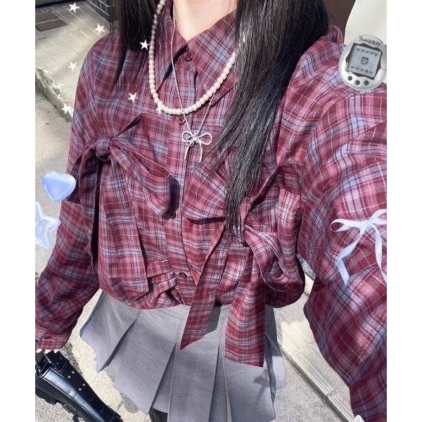 日-雙蝴蝶結格紋襯衫-2色-細節圖4