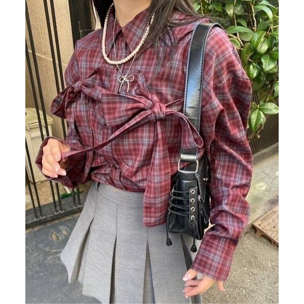 日-雙蝴蝶結格紋襯衫-2色-細節圖8