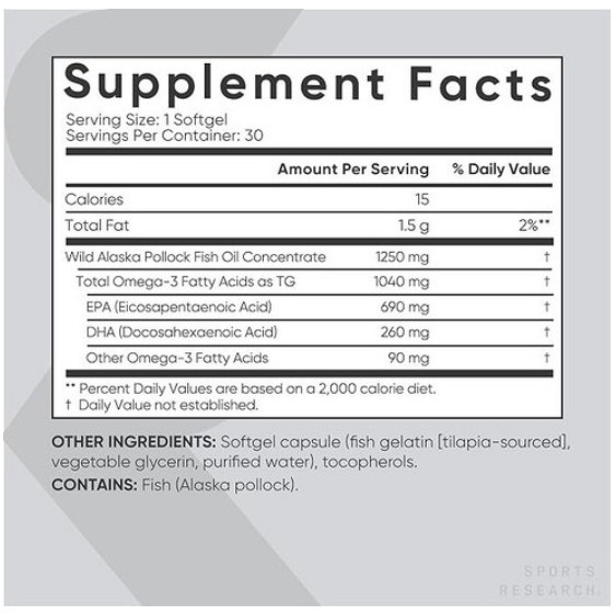 SPORTS RESEARCH 阿拉斯加鱈魚Omega-3魚油三倍增強軟膠囊 180顆 1罐-細節圖3