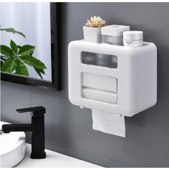 FAmILyLIFE 生活 第二代無痕壁掛雙層雙槽防水衛生紙收納盒 優雅粉 活力藍 純潔白 典雅灰 1個-細節圖2