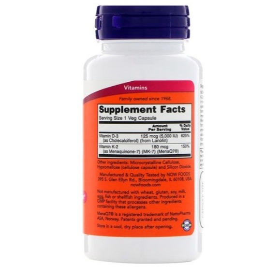 NOW Foods Mega D3 5000lU&MK-7 180mcg植物膠囊 60顆 1罐-細節圖3