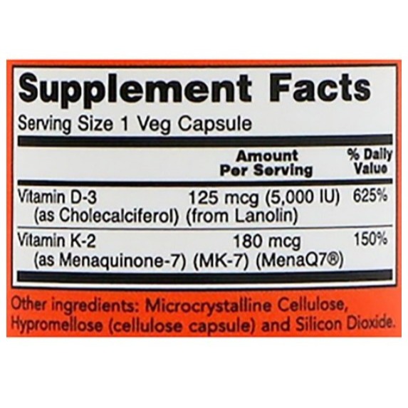 NOW Foods Mega D3 5000lU&MK-7 180mcg植物膠囊 60顆 1罐-細節圖4