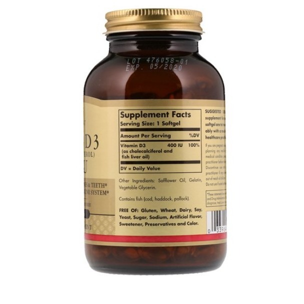 SOLGAR 維他命D3膽鈣化醇膠囊 400lU 250顆 1罐-細節圖3