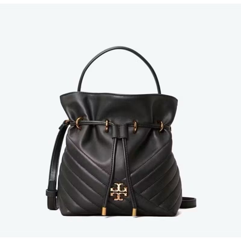 Tory Burch kira 小羊皮黑金把手水桶包（近全新）附防塵袋-細節圖2