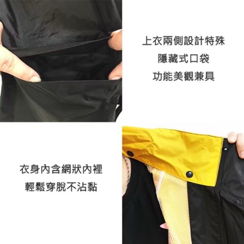 【CROWN JEWELS 皇力牌】旋風 兩件式 尼龍 套裝 雨衣 (黃/黑-男女適用)-細節圖4