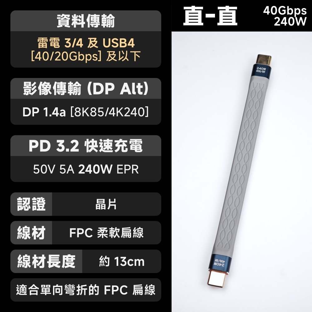 光連科技🪷 雷電5＋USB4｜120Gbps 240W FPC 扁線｜ 短線 PD3.1 EPR 40G USB-C-規格圖9